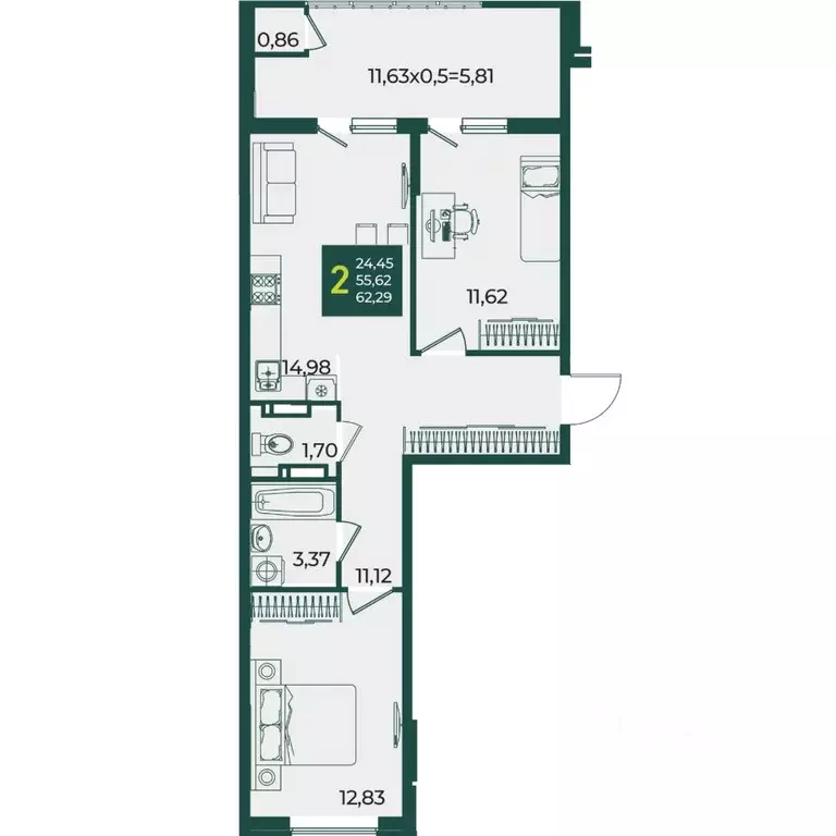 2-к кв. Краснодарский край, Краснодар Образцово мкр,  (62.29 м) - Фото 1