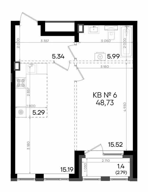 2-комнатная квартира: Казань, улица Аделя Кутуя, 181Ж (48.73 м) - Фото 0