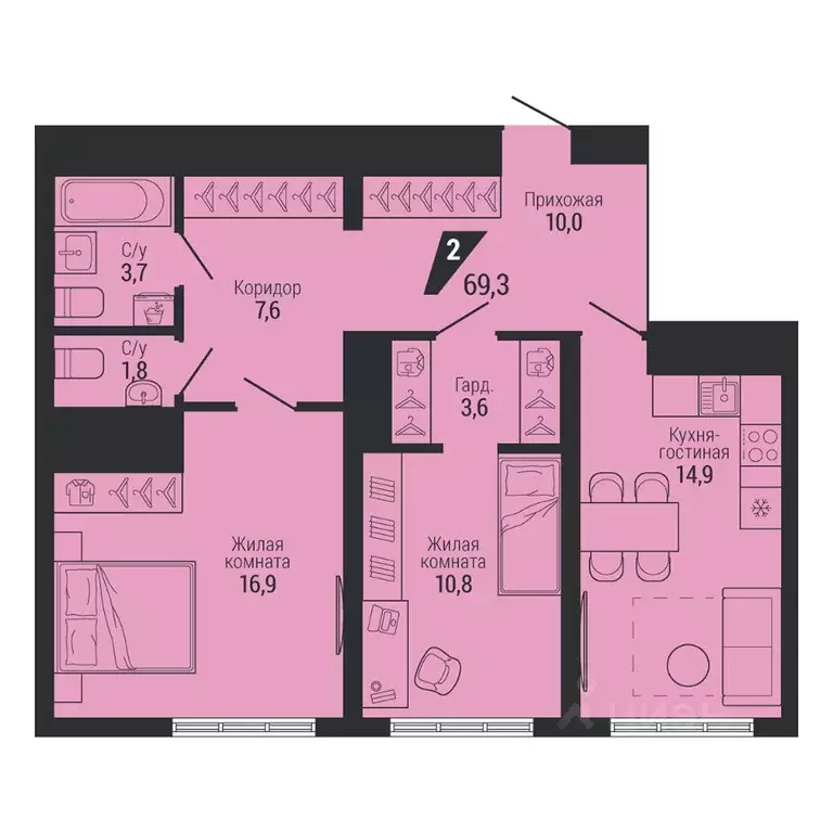 2-к кв. Свердловская область, Екатеринбург Вторчермет жилрайон,  (69.3 ... - Фото 1