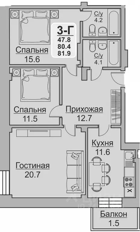 3-к кв. Красноярский край, Красноярск ул. Ладо Кецховели, 20 (83.0 м) - Фото 1