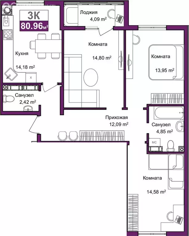 3-комнатная квартира: Симферополь, улица Батурина, 145 (78.91 м) - Фото 0