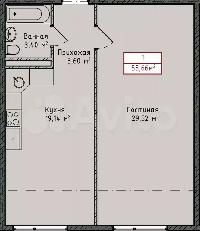 1-к. квартира, 55,7 м, 4/8 эт. - Фото 1