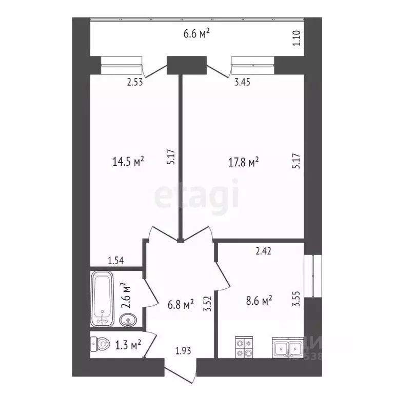 2-к кв. Ростовская область, Ростов-на-Дону Таганрогская ул., 126 (51.6 ... - Фото 1