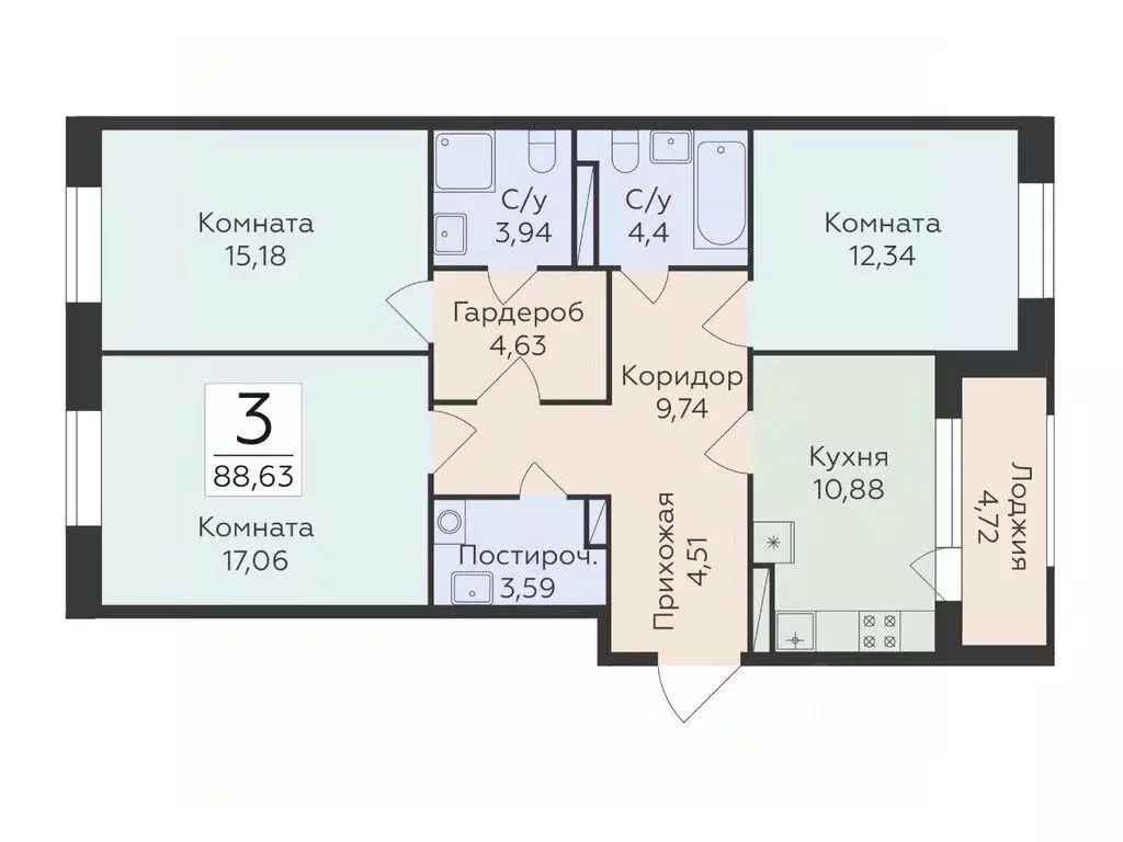 3-к кв. Воронежская область, Воронеж ул. Матросова, 60 (88.63 м) - Фото 0