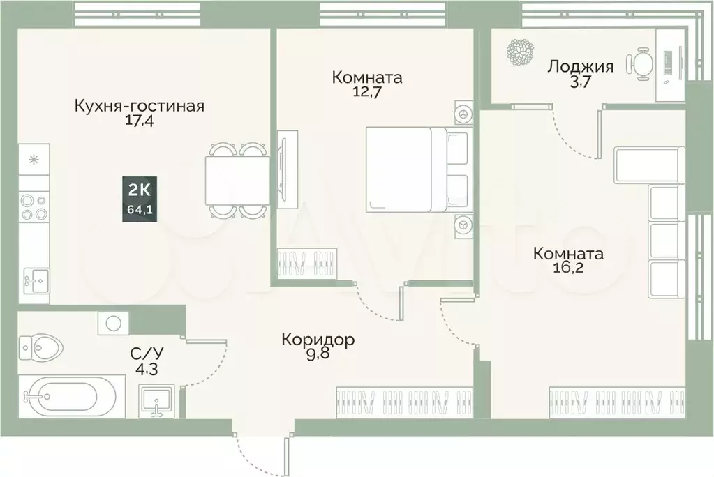 2-к. квартира, 64,1 м, 5/12 эт. - Фото 0