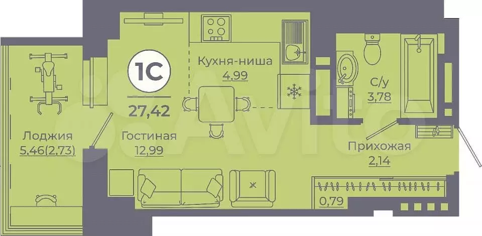 Квартира-студия, 27,2 м, 22/24 эт. - Фото 1