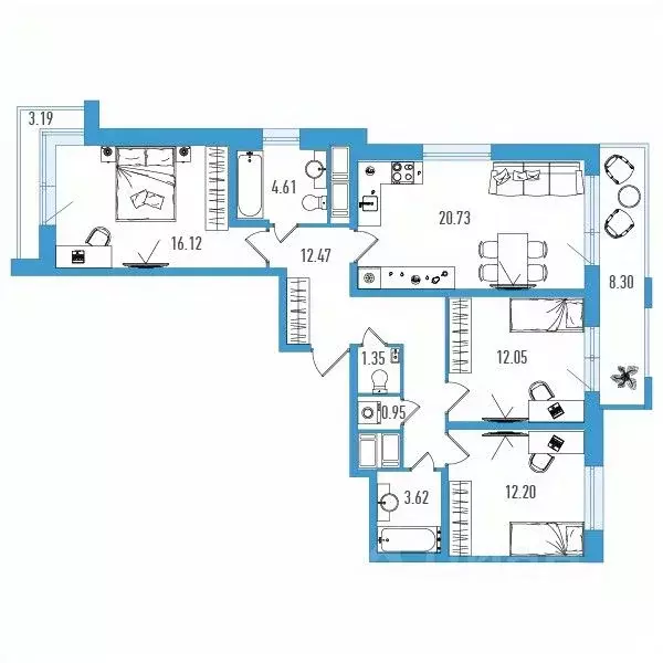 3-к кв. санкт-петербург ул. тельмана, 37 (88.19 м) - Фото 0