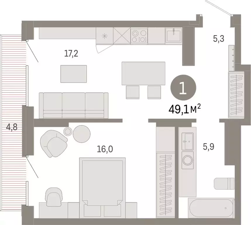 1-комнатная квартира: Омск, Кировский округ (49.13 м) - Фото 1