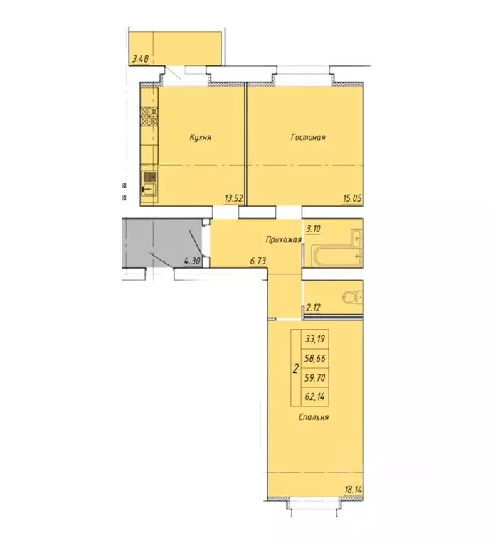2-к кв. Тамбовская область, Тамбов ул. Гастелло, 109Б (62.14 м) - Фото 0