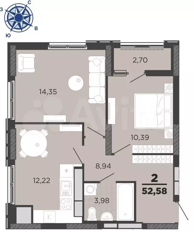 2-к. квартира, 52,6 м, 24/25 эт. - Фото 1