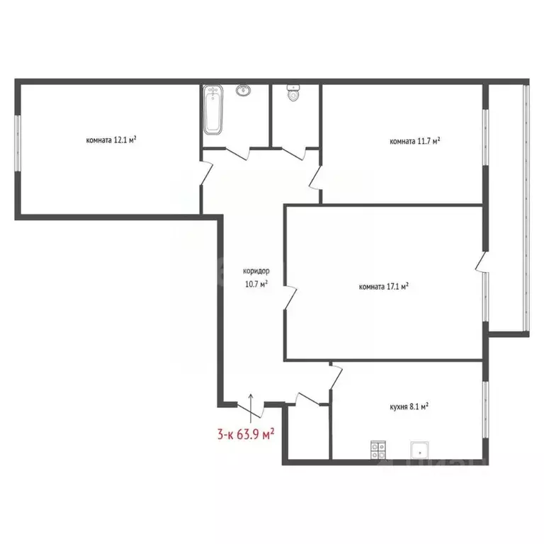 3-к кв. Свердловская область, Екатеринбург ул. Белинского, 182 (63.9 ... - Фото 2