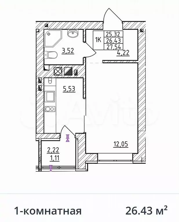 2-к. квартира, 26,4 м, 2/7 эт. - Фото 1