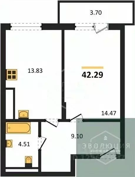 1-к кв. Калининградская область, Гурьевский муниципальный округ, пос. ... - Фото 1