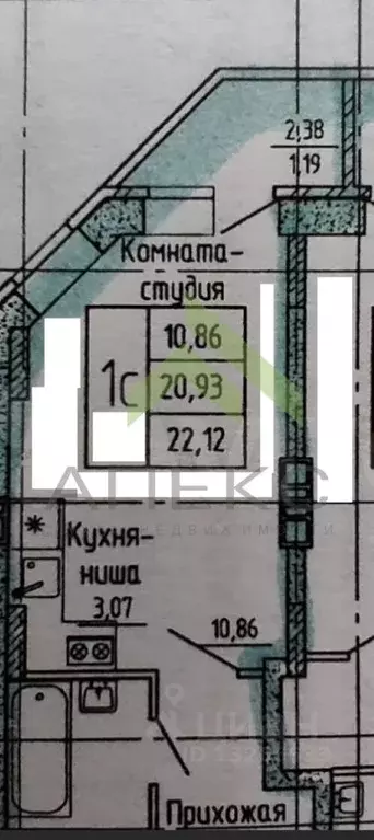 Студия Воронежская область, Воронеж Ростовская ул., 73Дк2 (21.5 м) - Фото 1