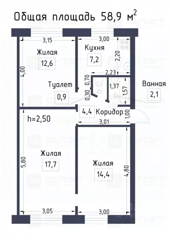 3-к кв. Татарстан, Казань ул. Братьев Касимовых, 18 (58.9 м) - Фото 2