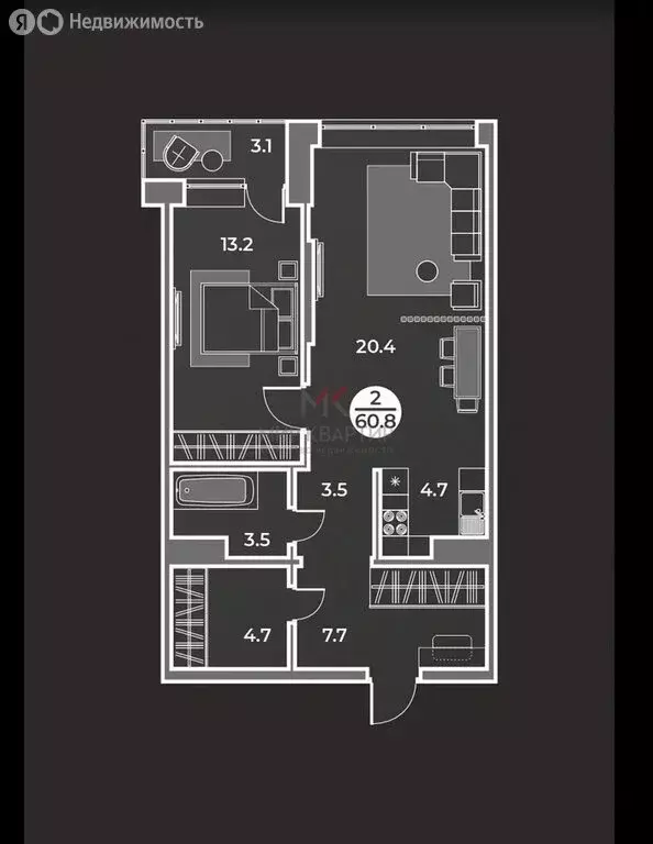 2-комнатная квартира: Абакан, улица Генерала Тихонова, 7 (60.8 м) - Фото 2