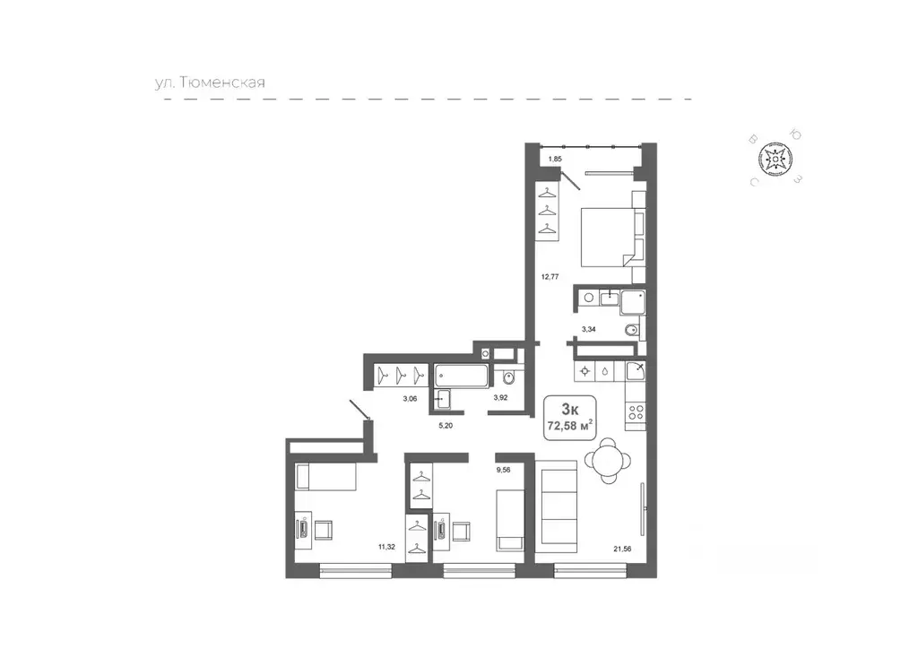 3-к кв. Тюменская область, Тюменский муниципальный округ, д. Дударева ... - Фото 1