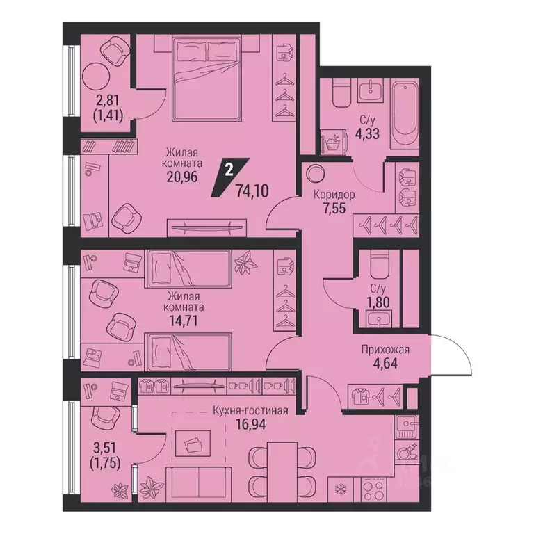 2-к кв. Свердловская область, Екатеринбург просп. Космонавтов, 100 ... - Фото 1