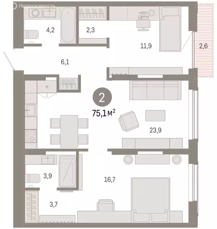 2-комнатная квартира: Тюмень, микрорайон ДОК, ЖК Октябрьский на Туре ... - Фото 2