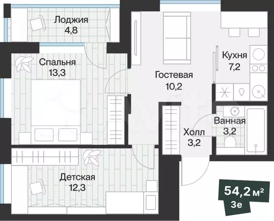 2-к. квартира, 51,8 м, 2/4 эт. - Фото 0