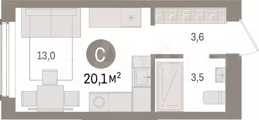 Квартира-студия, 20,1 м, 4/15 эт. - Фото 1