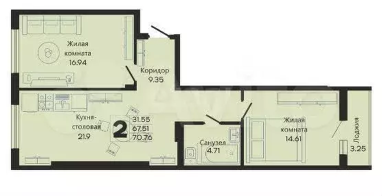 2-к. квартира, 70 м, 10/10 эт. - Фото 0