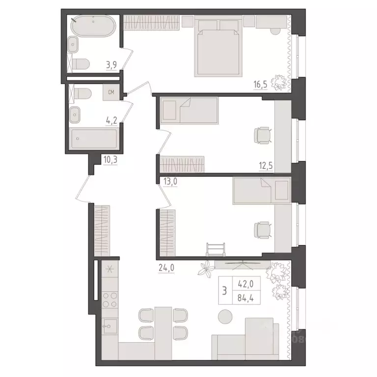 3-к кв. Башкортостан, Уфа 563-й кв-л,  (84.4 м) - Фото 1