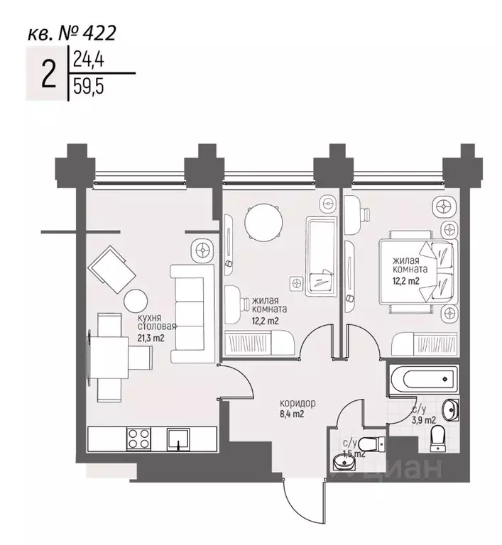 2-к кв. Нижегородская область, Нижний Новгород Спортивный мкр, ... - Фото 1