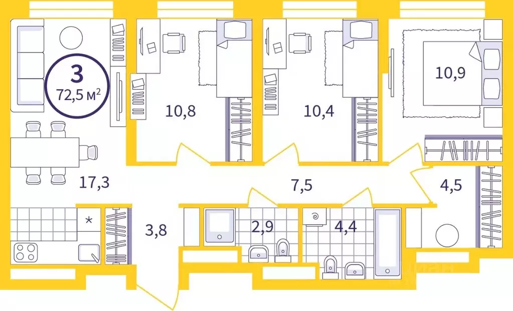 3-к кв. Свердловская область, Екатеринбург ул. Щербакова, 76 (72.47 м) - Фото 1