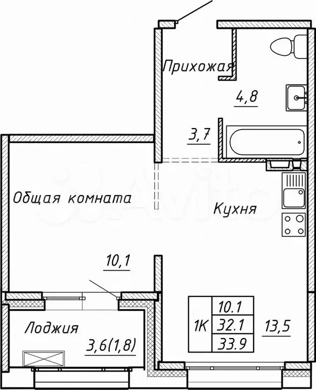 Своб. планировка, 33,9 м, 7/15 эт. - Фото 0