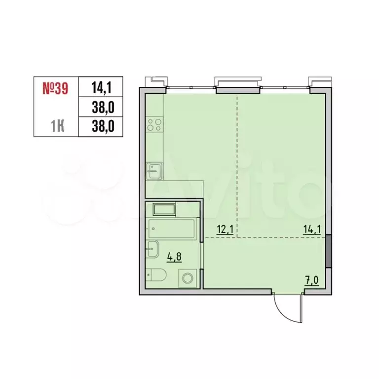 1-к. квартира, 38 м, 6/9 эт. - Фото 0