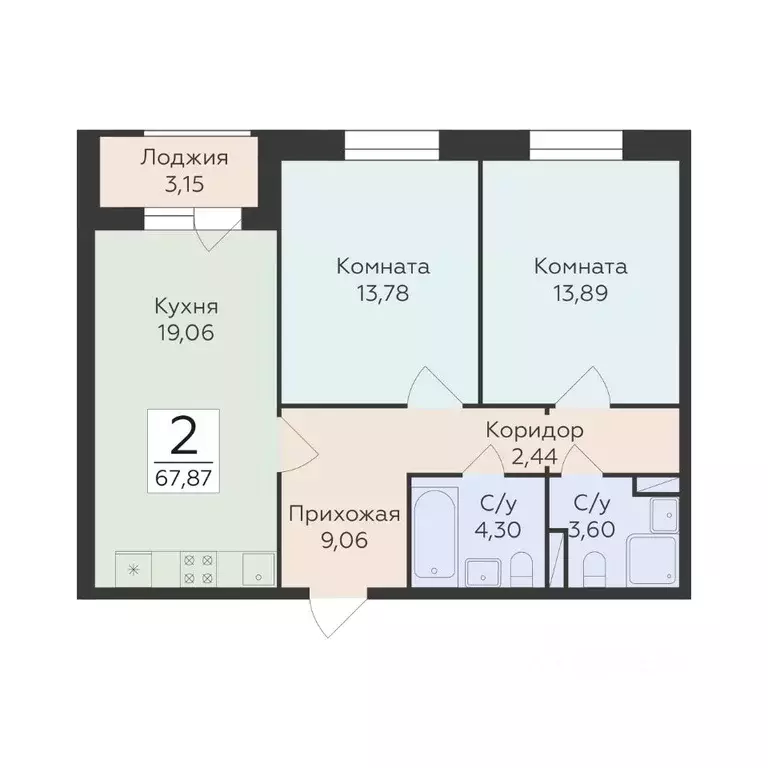 2-к кв. Воронежская область, Воронеж ул. Матросова, 60 (67.87 м) - Фото 1