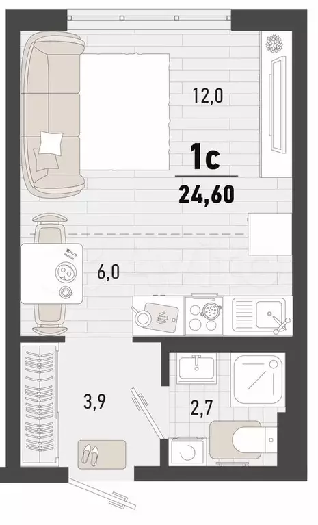 Квартира-студия, 24,6 м, 6/24 эт. - Фото 1