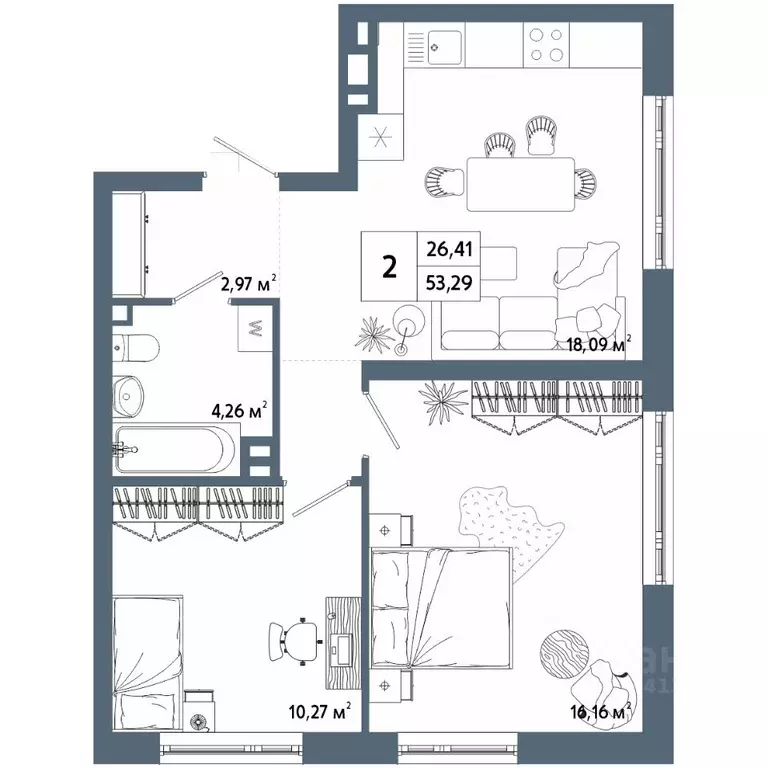 2-к кв. Башкортостан, Уфа 42-й кв-л,  (53.03 м) - Фото 1