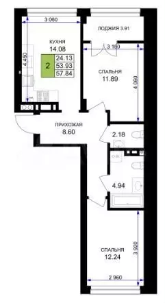 2-к. квартира, 57,8 м, 7/7 эт. - Фото 1