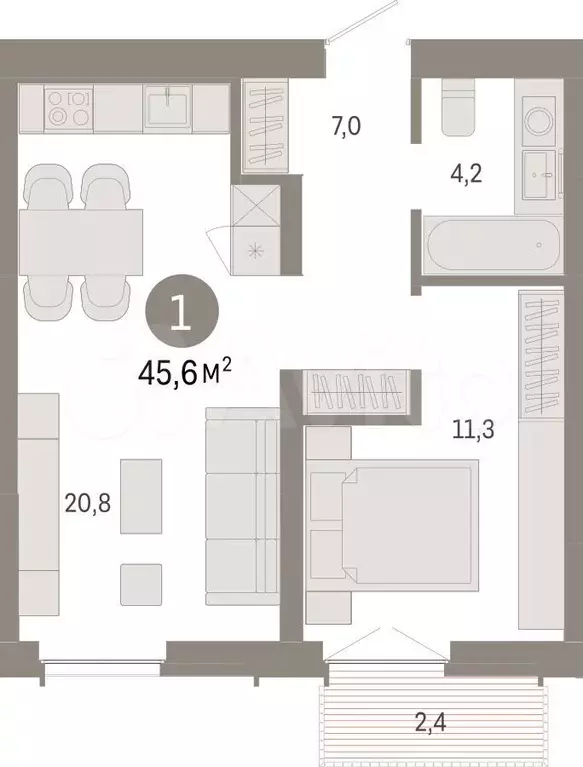 1-к. квартира, 45,6 м, 5/23 эт. - Фото 1