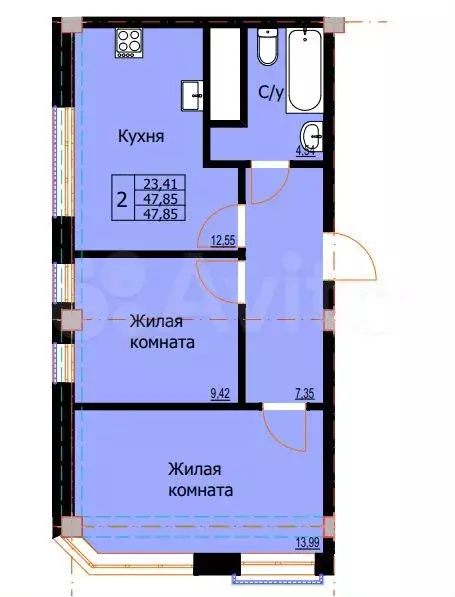 2-к. квартира, 47,9 м, 2/8 эт. - Фото 0