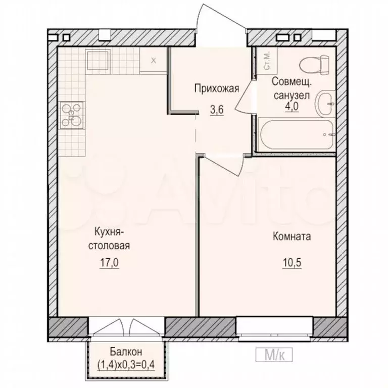 1-к. квартира, 35,1 м, 3/6 эт. - Фото 0