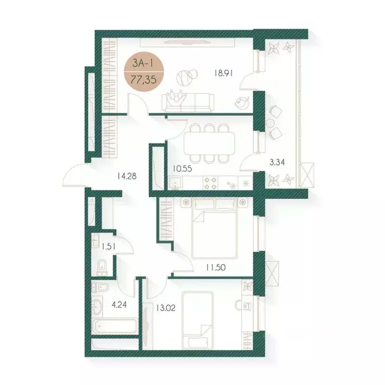 3-к кв. Татарстан, Казань ул. Родины, 20/2 (77.35 м) - Фото 1