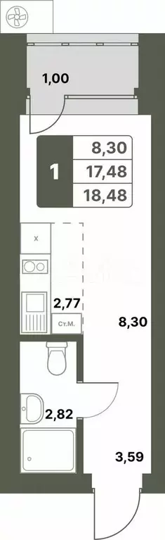 1-к. квартира, 18,5 м, 4/6 эт. - Фото 0