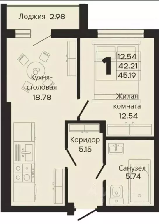 1-к кв. Калининградская область, Калининград Закатная ул., 31к2 (45.0 ... - Фото 2