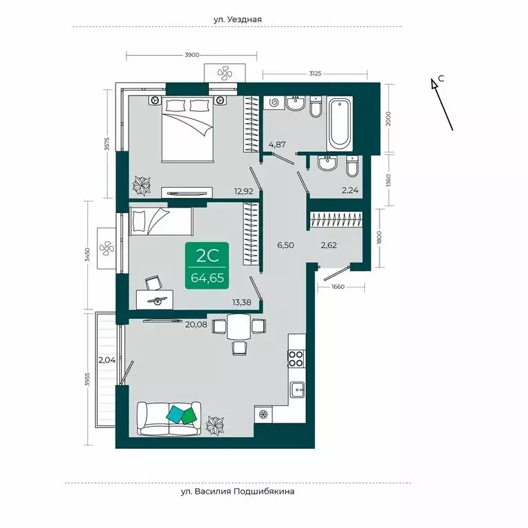 2-комнатная квартира: Тюмень, улица Василия Подшибякина, 11 (64.65 м) - Фото 1