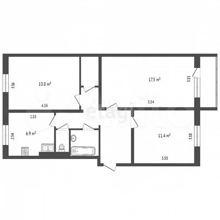 3-к. квартира, 68 м, 4/5 эт. - Фото 0