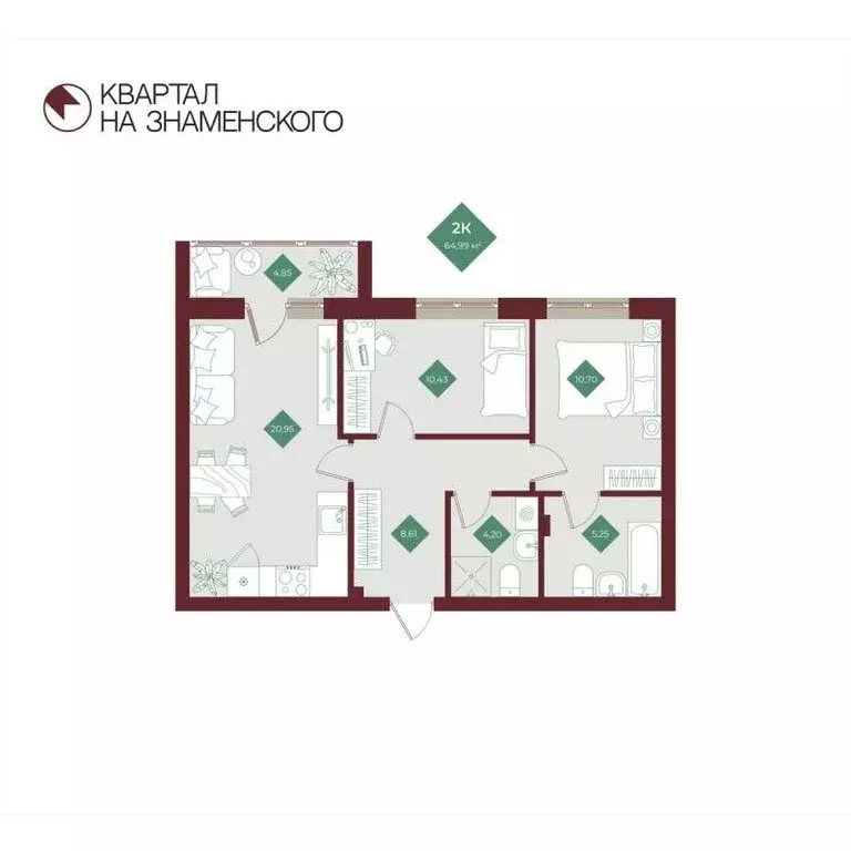2-комнатная квартира: Тобольск, микрорайон 3Б, 6Бк2 (64.99 м) - Фото 1