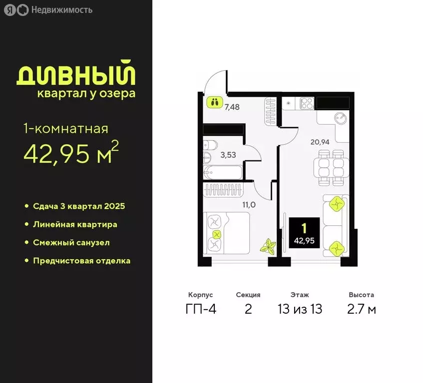 1-комнатная квартира: Тюмень, жилой комплекс Дивный Квартал у Озера ... - Фото 0