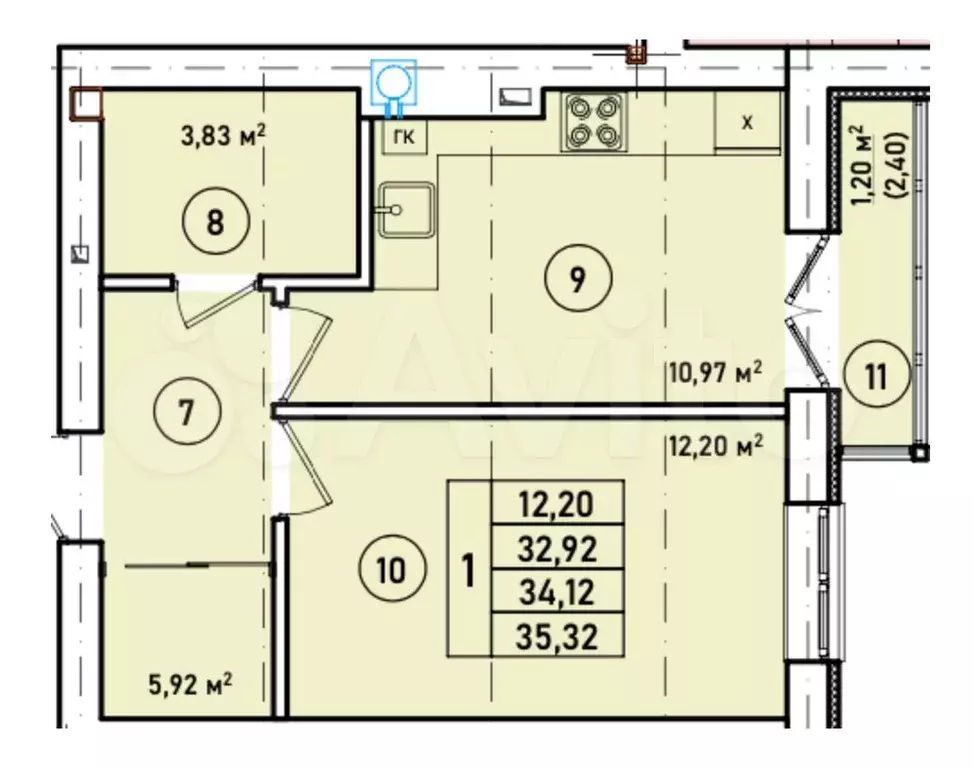 1-к. квартира, 34,1 м, 1/7 эт. - Фото 1