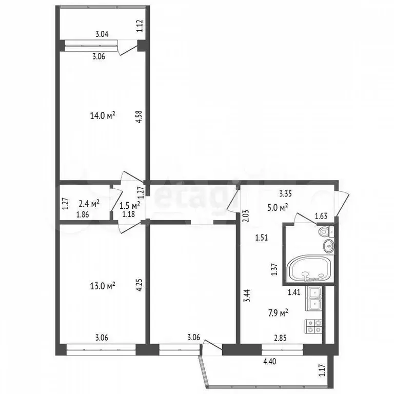 3-к. квартира, 63,9 м, 2/9 эт. - Фото 0