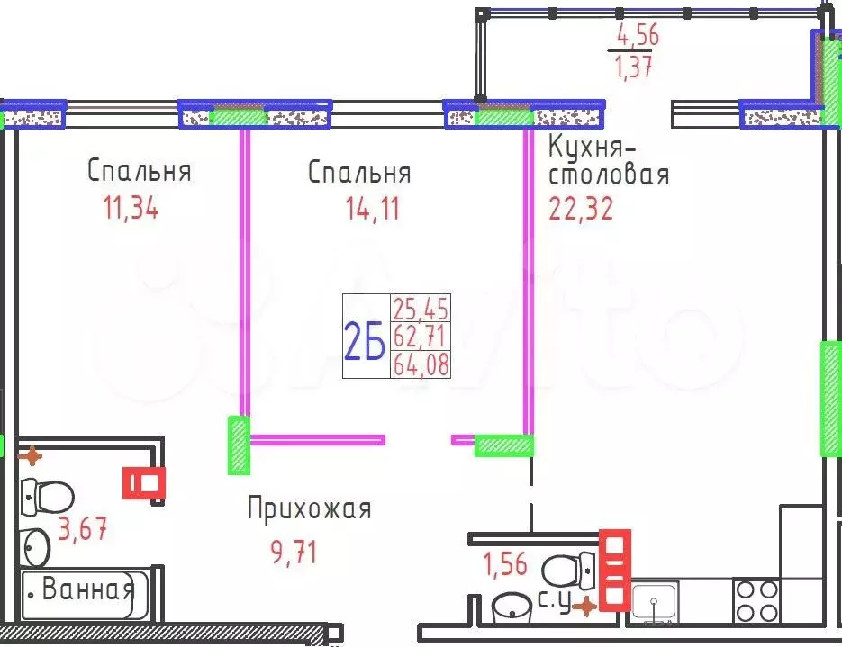 2-к. квартира, 63,9 м, 6/9 эт. - Фото 0