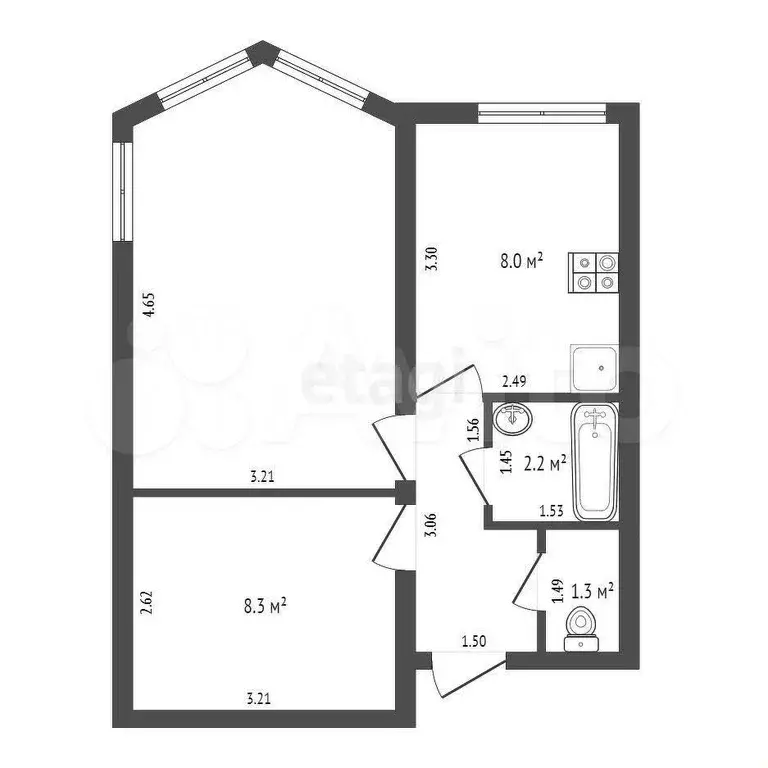 2-к. квартира, 39,6 м, 3/3 эт. - Фото 0