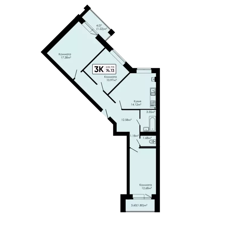 3-к квартира, 74.13 м - Фото 0